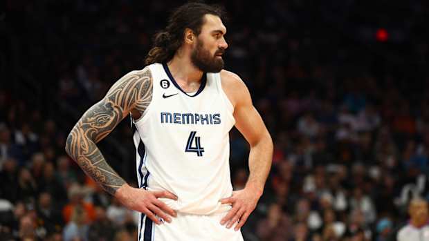 Steven Adams looks on during a game.